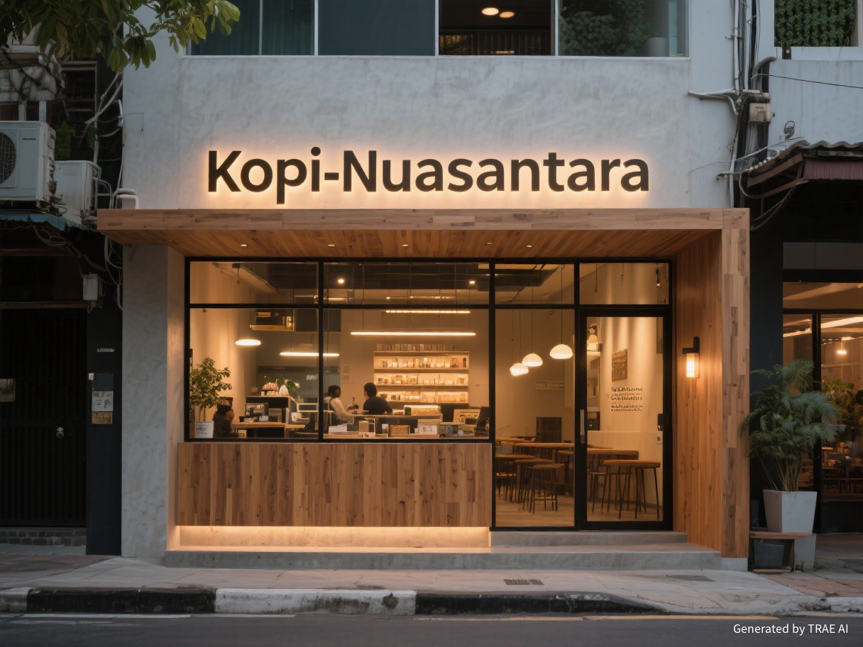 Tampak depan Kafe Nusantara dengan signage kayu dan jendela kaca besar
