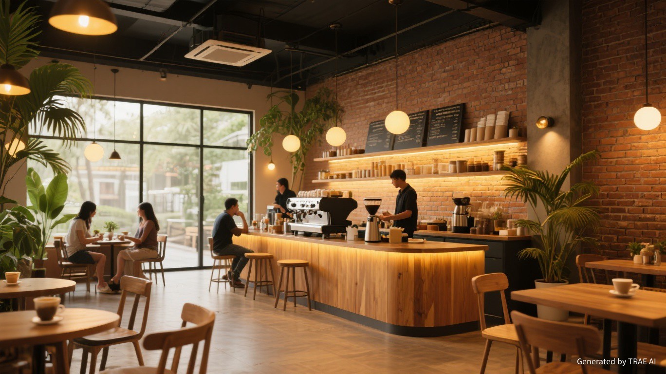 Interior Kafe Nusantara dengan pencahayaan hangat, furnitur kayu, dan barista station modern