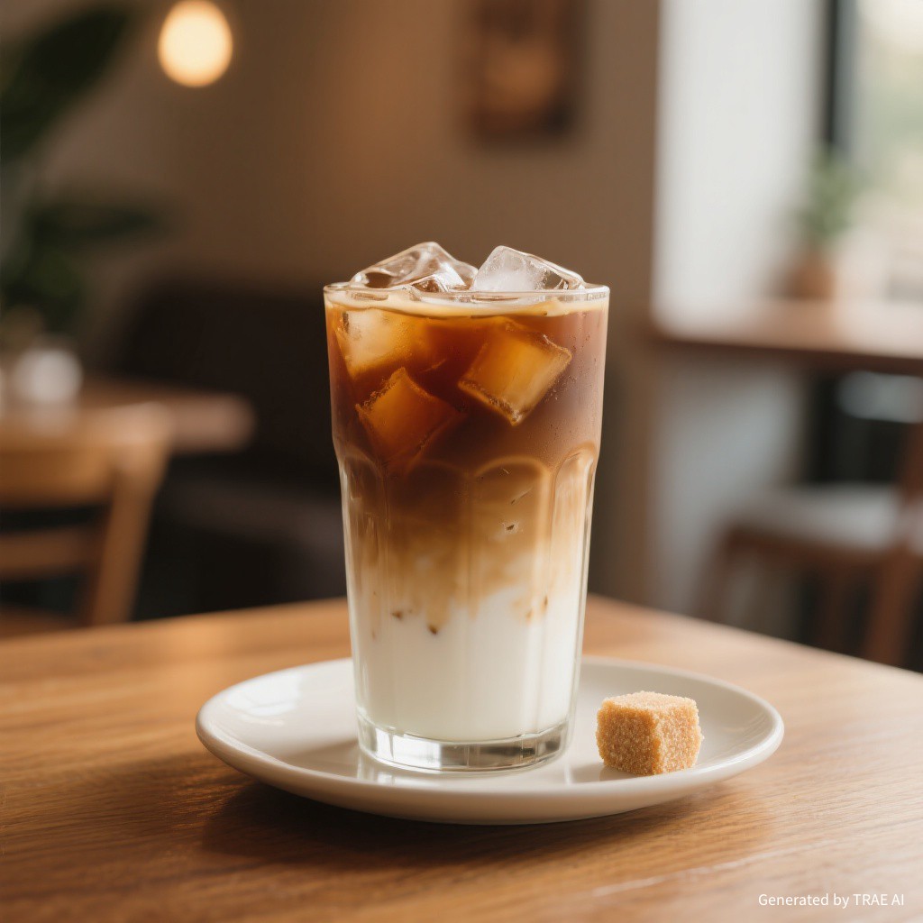 Es Kopi Susu Gula Aren - latte art di gelas tinggi dengan es batu