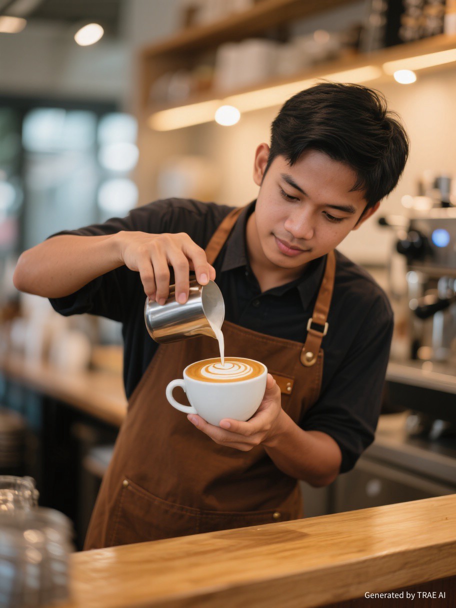Barista Kafe Nusantara sedang menuang seni latte ke dalam cangkir